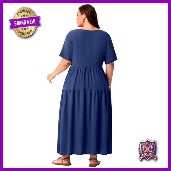 Plus Size Maxi Dress with Pockets V-Neck Short Sleeve Boho Summer - Picture 6 of 7